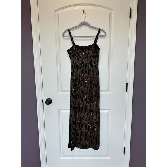 Oleg Cassini Black Tie Black and Tan 100% Silk Beaded Maxi Dress Gown Size 2 - Picture 1 of 8